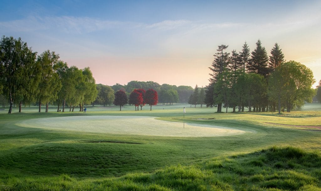 A serene golf course in woking at dawn, partially veiled in soft morning fog. The dewy grass glistens under muted light, with tree silhouettes faintly visible in the mist