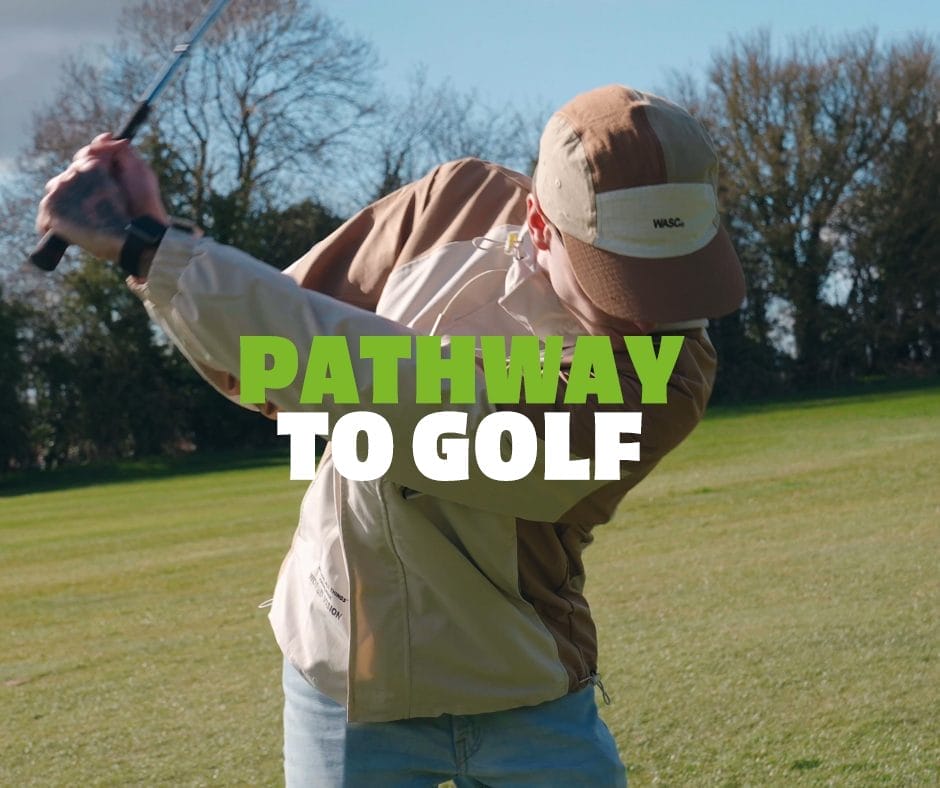 Pathway to golf session playing on a course in Surrey with golfer mid swing enjoying golf in Woking