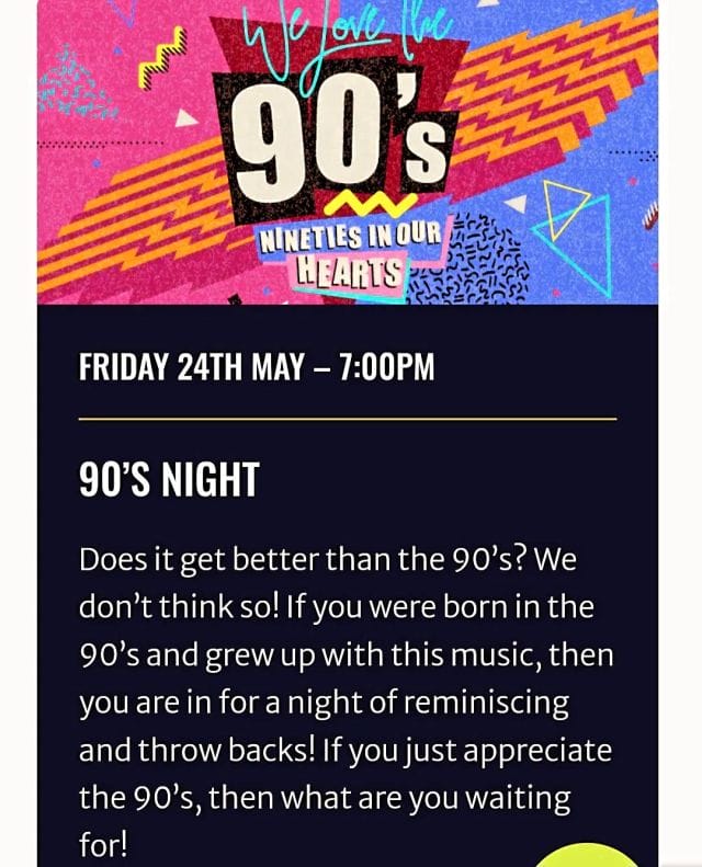 Who loves a 90s boogie!!!! Don't forget to book your tickets for a night of dancing fever. From Elton John, Cher, The Spice Girls and Wet, Wet, Wet, there's a tune for everyone. 
#party #90s #music #dancing #nightout #fun #social #entertainment