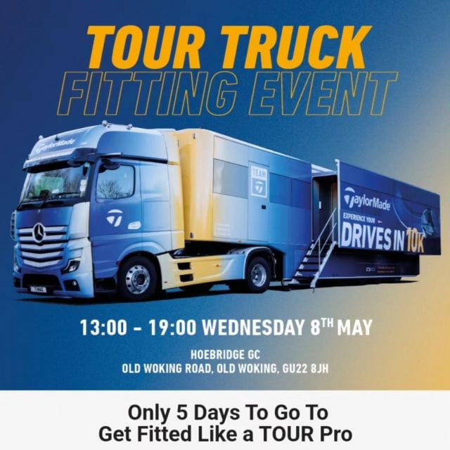 Only 5 days to go before the TaylorMade Tour Truck comes to Hoebridge! 😃

🔥 Don't miss out! We have limited spaces still available:
🔥 13:00 - 2 slots
🔥 14:00 - 1 slot

Pre booking is essential. Call 01483 722611 to reserve your space.

#hoebridge #hoebridgegc #golfcenter #golf #customfitting #taylormadegolf #golfclubs #gettherightfit #tourtruck #woking #surrey